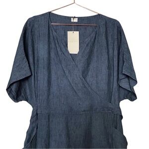 NWT POETRY Petrol Blue Linen Tie Back Midi Dress 18 Lagenlook Art To Wear Pocket
